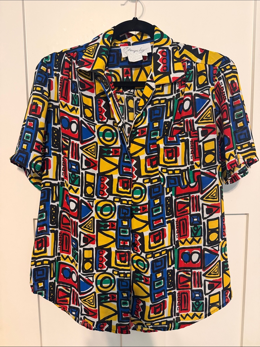 Vintage 80s 90s Colorful Geometric Print Women's Button-Front Bold Top Blouse